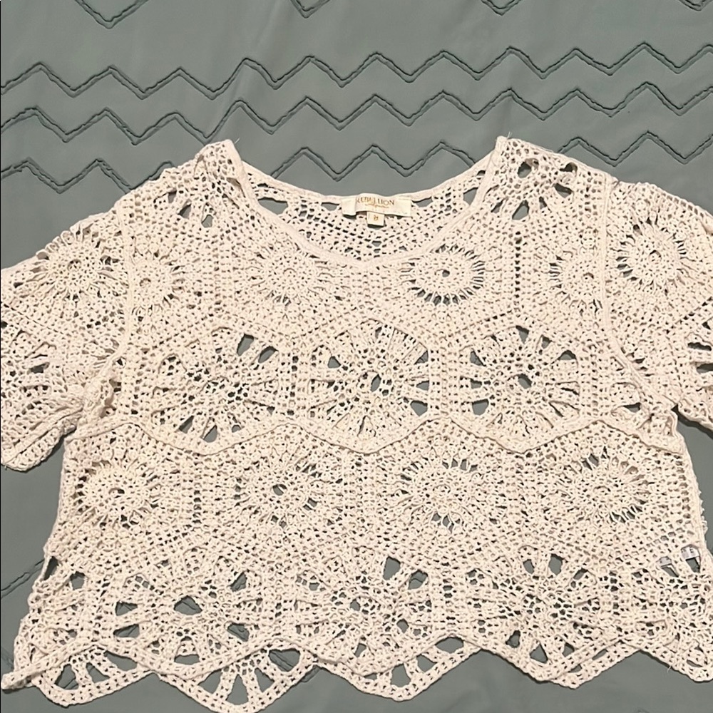 Rebellion Cream Crochet Blouse Short Sleeve Crop